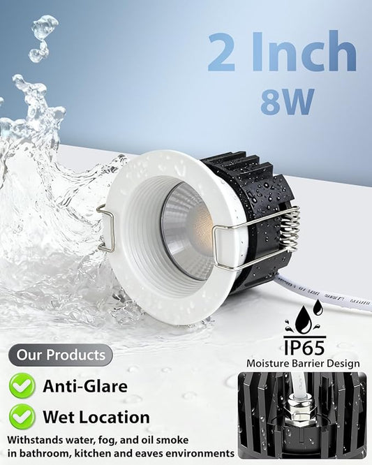 Adetu 2 Inch 5CCT Anti-Glare LED Downlight with Junction Box, 2700K/3000K/4000K/5000K Selectable, CRI90+, 8W COB, 840LM, IP65 Waterproof, Dimmable-ETL and Energy Star Certified (White,1 Pack)