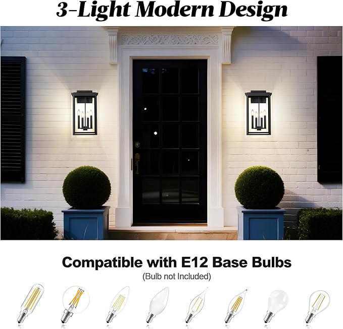 Extra Large Outdoor Wall Light Fixture,Black Outdoor Wall Sconce,Exterior Garage Lights, Modern Exterior Lights for House,Waterproof Front Porch Lanterns with Toughened Glass E12 1 Pack