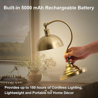 Cordless LED Table Lamp Set of Two, Swing Arm Desk Lamp, Rechargeable, Dimmable/3 Color/Memory Function, Modern Rechargeable Table Light for Living Room,Bedroom,Bedside, Brass
