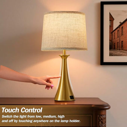 Touch Lamp for Living Room Bedroom, 21" Table Lamps Set of 2 with USB C+A Ports, Touch Bedside Lamps for Nightstand with 3 Way Dimmable, 2 LED Bulbs Included, Gold