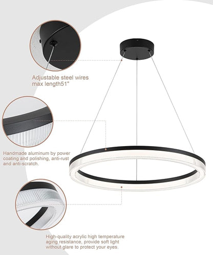 Modern Black Led Pendant Light,36W Dimmable LED Chandelier Lighting Fixture, 1 Ring Circular Hanging Led Pendant Lighting for Living Room Dining Room Kitchen Island Foyer Office