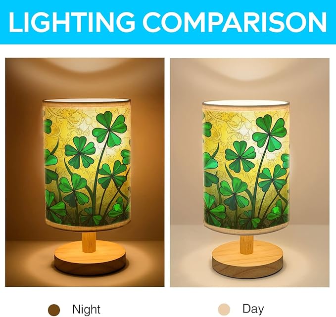 Shamrock Table Lamp LED 3-Color Pressed Bedside, Shamrock Shade Lamp with Wood Base for Bedroom Living Room Desk Office