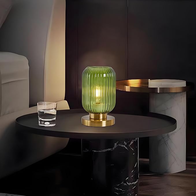 NKU Mid Century Modern Dimmable Table Lamp, Green Ribbed Glass Vintage Nightstand Lamp, Plug-in Bedside Lighting for Bedroom Living Room Office