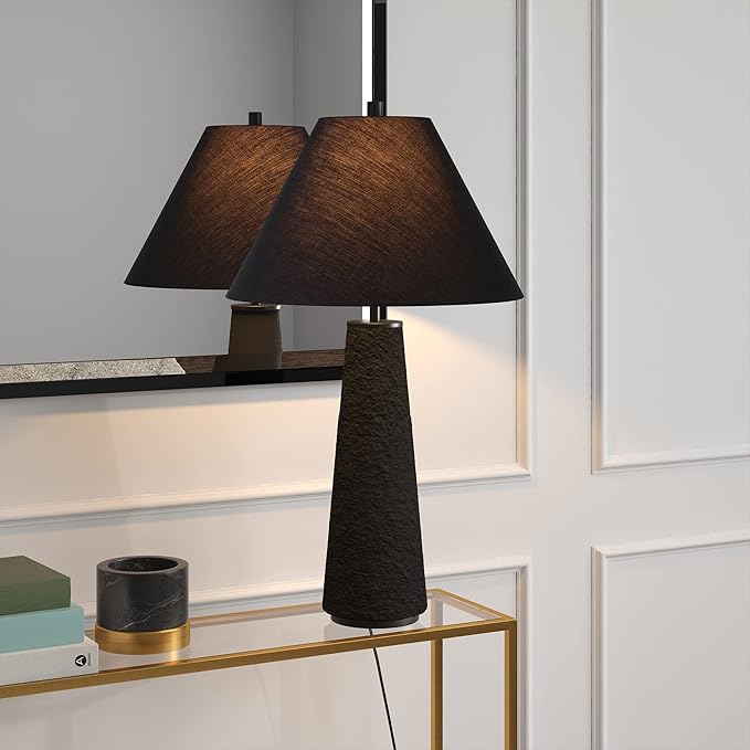 Henn&Hart 27.5'' Transitional 1-Light Table Lamp with Tapered Ceramic Base and White Fabric Cone Shade for Living Room, Bedroom, or Office, Matte Black