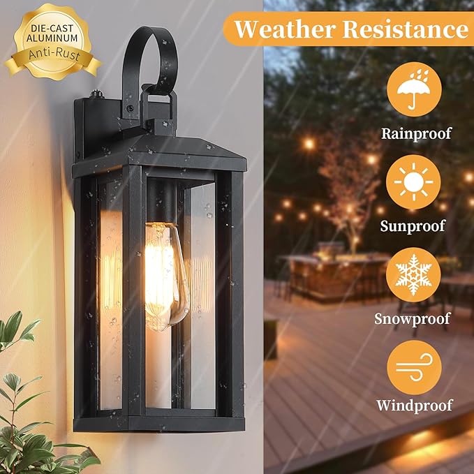 Dusk to Dawn Large Exterior Wall Lights 2-Pack, 17" Waterproof Outdoor Wall Porch Lights Sconces with Tempered Glass, Black Exterior Lighting Fixtures for Garage House, Bulb Not Included