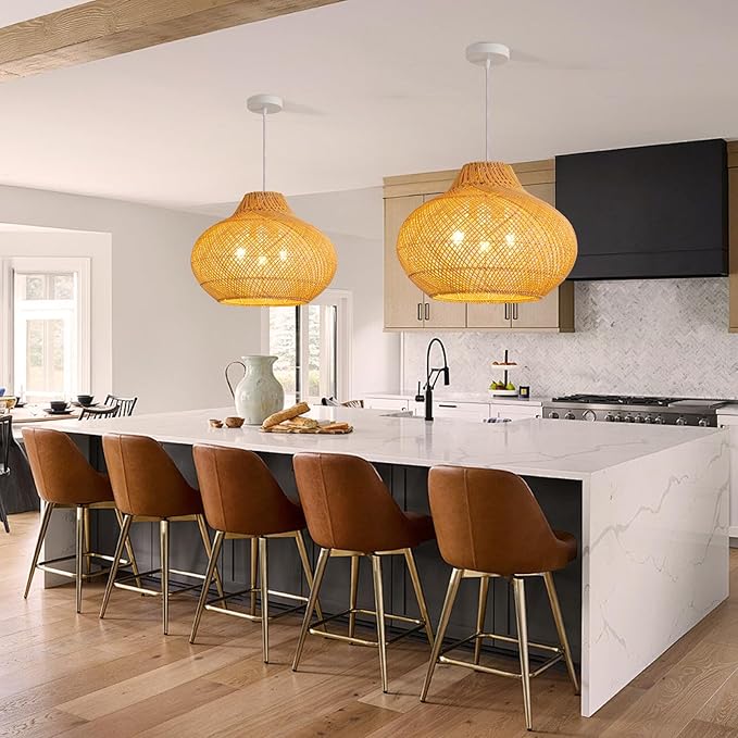 3-Light Rattan Pendant Light,18.9" Round Hanging Light,Wicker Pendant Light Hand-Woven Rattan Chandelier for Workplace Dining Living Bedroom Kitchen Farmhouse