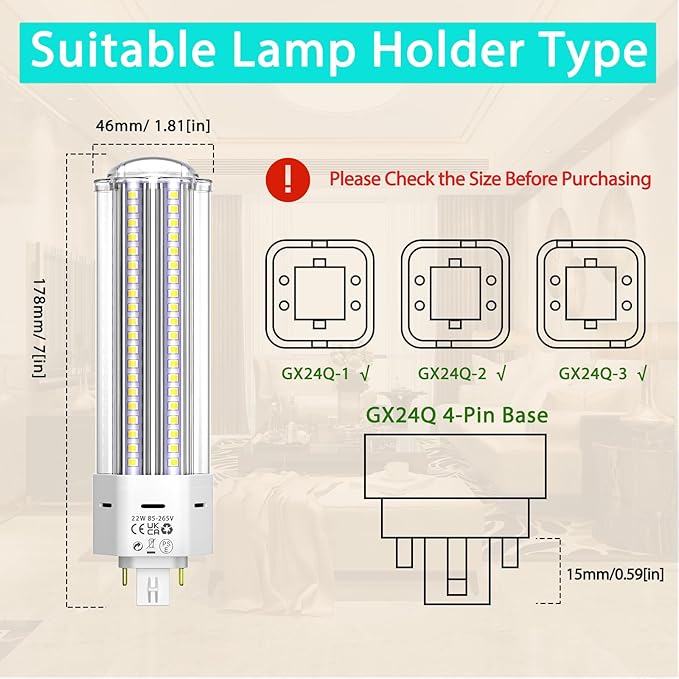 GX24QG24Q LED 4-Pin Base Light Bulb 22W (42W CFLCompact Fluorescent Lamp Equivalent) GX24 LED PL-C Recessed Lamp, RemoveBypass The Ballast, 6000K, 2-Pack, 22 Watts, 2 Pack, Daylight
