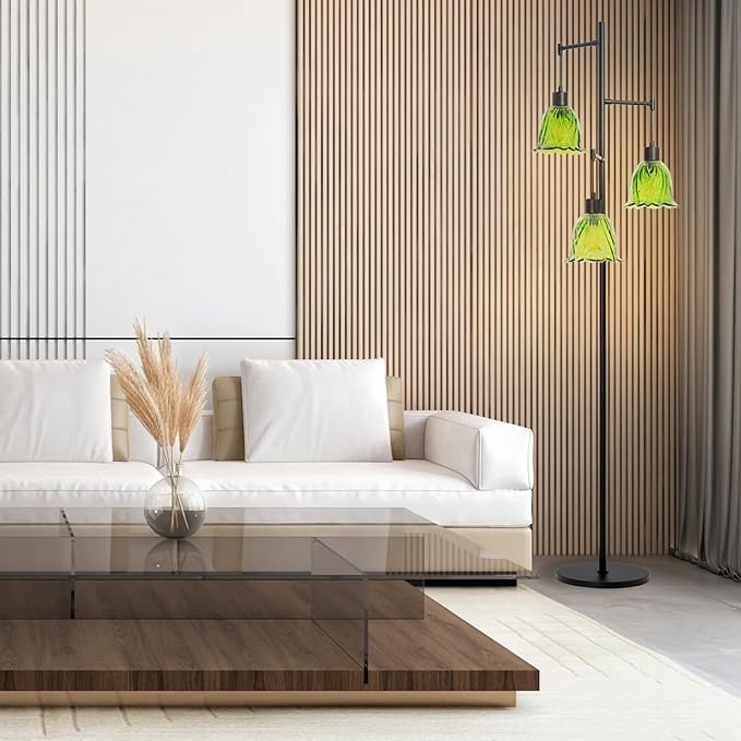Mid-Century Modern Floor Lamp with Green Flower Glass Shade - Vintage Brass Tree Standing Light for Living Room, Bedroom, Reading Book - Farmhouse, Bohemian, Boho Chic Home Decor