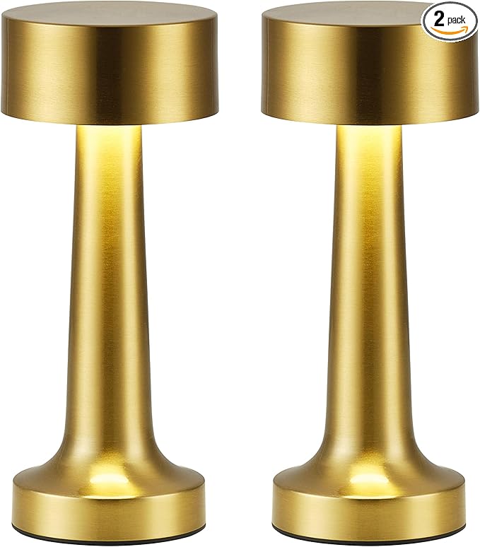 PUSU Cordless LED Gold Small Table Lamps Set of 2, Portable Rechargeable 4000mAh Battery Operated Desk Lamp, 3 Color Stepless Dimming for Kids, Restaurant, Bedside, Outdoor, Bar, Night Light, Gift