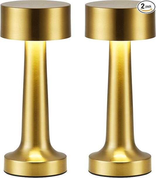 PUSU Cordless LED Gold Small Table Lamps Set of 2, Portable Rechargeable 4000mAh Battery Operated Desk Lamp, 3 Color Stepless Dimming for Kids, Restaurant, Bedside, Outdoor, Bar, Night Light, Gift