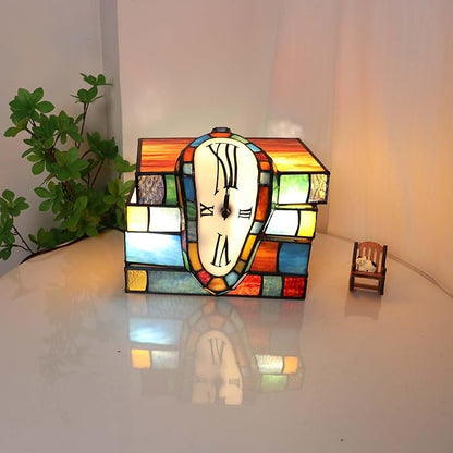 Bieye L12015 Melting Clock Draped Over a Stack of Books Tiffany Style Stained Glass Accent Table Lamp for Home Decoration