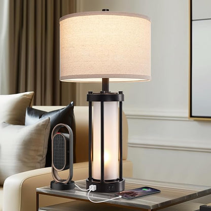 Modern Table Lamps for Living Room, Industrial Beside Lamps with 2 USB Ports, Rustic Nightstand Lamp with White Frosted Glass Night Light for Bedroom End Table Entryway, 2 Bulb Included
