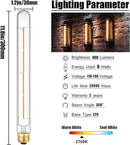 XININSUN T300 Led Bulb, 11.8 Inch Long Tubular Led Light Bulbs, 100Watt Equivalent, 1000lm, Dimmable, Clear Glass, E26 10W T10 LED Edison Tube Lamp Bulb,4 Pack. (6W=60W 2700K)