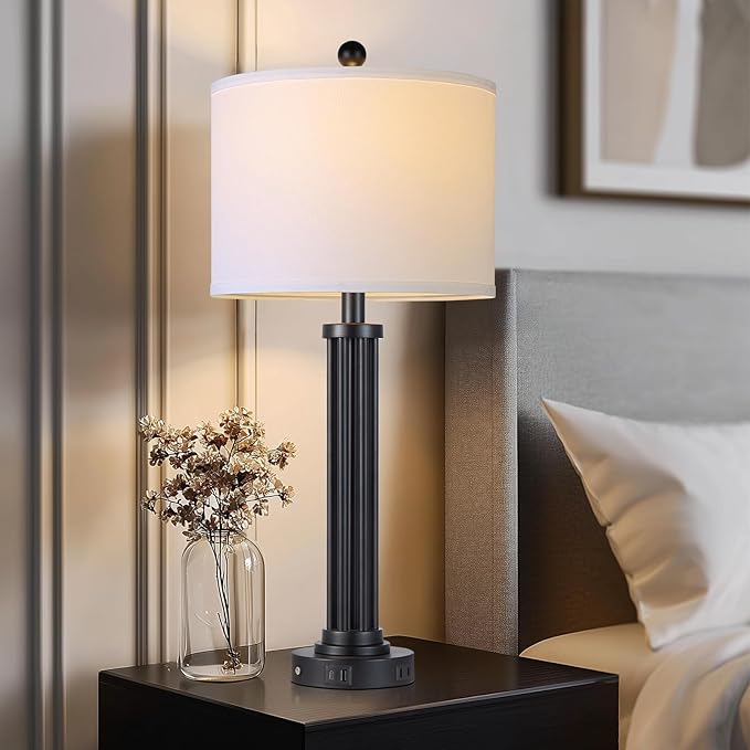 28" Tall Modern Table Lamps Set of 2 with USB C+A Ports and AC Outlet, 3 Way Touch Metal Bedside Lamps for Living Room, Black Nightstand Lamps for Bedroom