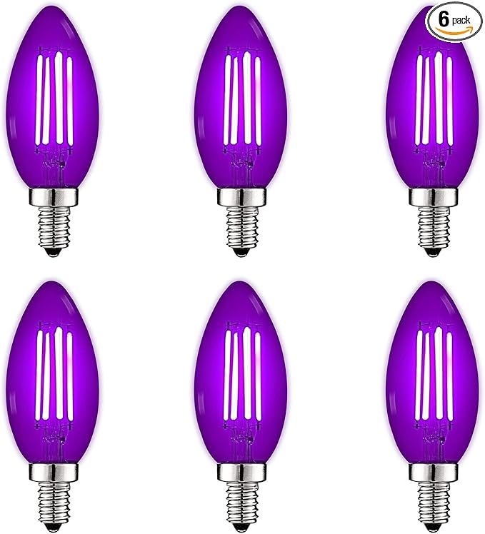 Luxrite E12 LED Filament Purple Light Bulbs, 4.5W (40W Equivalent), Colored Glass Candelabra Bulb, UL Listed, E12 Base, Indoor Outdoor, Porch, Decoration, Party, Holiday, Event, Home Lighting (6 Pack)