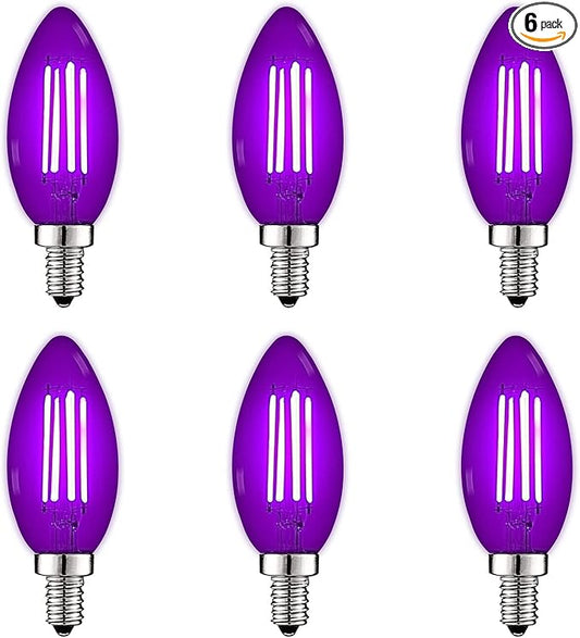 Luxrite E12 LED Filament Purple Light Bulbs, 4.5W (40W Equivalent), Colored Glass Candelabra Bulb, UL Listed, E12 Base, Indoor Outdoor, Porch, Decoration, Party, Holiday, Event, Home Lighting (6 Pack)