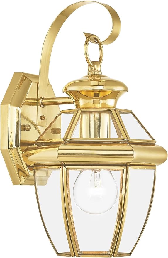 Livex Lighting 2051-02 Monterey 1 Light Outdoor Polished Brass Finish Solid Brass Wall Lantern with Clear Beveled Glass, Gold
