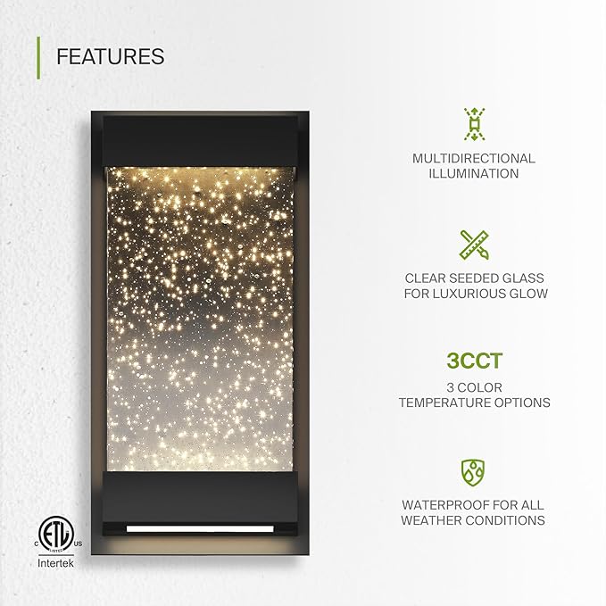 ASD LED 12" Bubble Glass Wall Light Fixture, Outdoor & Indoor Seeded Sconce | 3CCT, Waterproof, Dimmable, Up-Down Glow, ETL Listed | 22W 500LM 3000-5000K 120V | Exterior Porch Lighting | Black, 4 Pack
