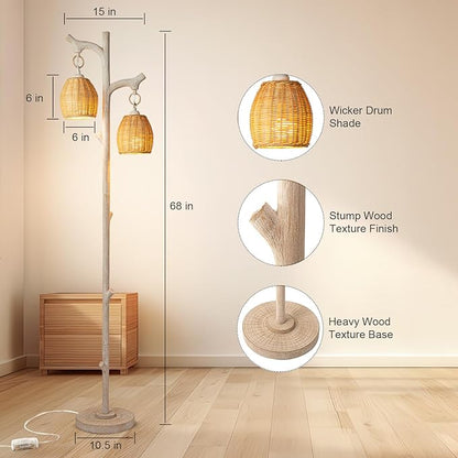 Scenekoy 68" High Farmhouse Rustic Country Cottage Floor Lamp Tree Trunk Faux Wood Column White Washed Wicker Drum Shade Decor for Living Room Bedroom Reading Room
