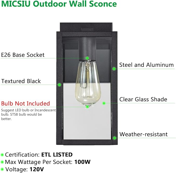 MICSIU 2 Pack Outdoor Light Fixture, Black Exterior Sconce Light with E26 Base Socket, 11 Inch Outside Wall Mount Lights for House, Yard, Shop, Doorway, Pathway, Balcony