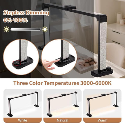 FAHKNS Large Half-Moon Light for Nail Desk, 34IN Foldable LED Lamp with Phone Holder, 3000-6000K Color Temperature, Stepless Brightness Adjustment, Nail Art, Tattooing, White with Diamonds