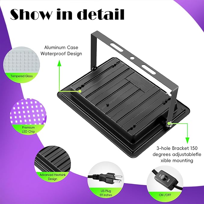 4 Pack 200W LED Black Lights, Blacklight Flood Lights with Plug & Switch, Waterproof IP66 Outdoor High Power Neon Glow for Parties, Halloween Decorations, Fluorescent Poster, Body Paint