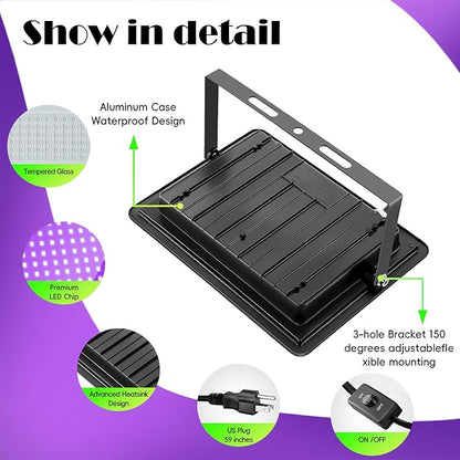 4 Pack 200W LED Black Lights, Blacklight Flood Lights with Plug & Switch, Waterproof IP66 Outdoor High Power Neon Glow for Parties, Halloween Decorations, Fluorescent Poster, Body Paint