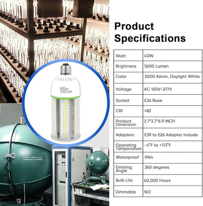 40W LED Corn Cob Light Bulb,400W Equivalent,5000K Daylight,E26/e39 Base,5600 Lumens-Replace Halogen/Metal Halide/CFL,for Barn,Shop, Porch,Yard,Garage Lighting