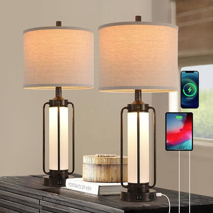 Farmhouse Lamps for Living Room Vintage Bedroom Nightstand Table LampRustic Bedside Lamp Lamps Set of 2 Rocker Switch & USB A+C Charging Ports & AC Outlet,Built-In Frosted Glass Night Light