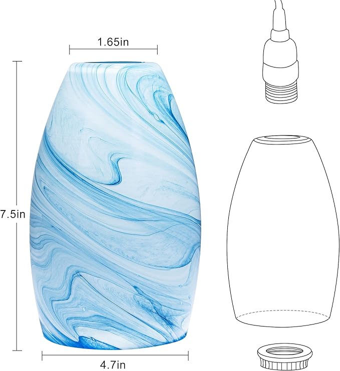 Blue Oval Glass Lamp Shade Only Art Marble Glass Light Shades for Kitchen Island pendant Lights Covers Light Fixture Replacement for Mini Pendant Ceiling Lights Chandelier 1pack