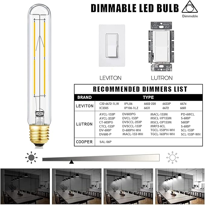 T10 LED Bulb 8W Dimmable E26 Base Tubular Light Bulb 4000K Daylight White 75W Equivalent 800lm T10 Bulb for Rustic Pendant, Wall scones Tube Light Bulbs Desk Lamp Vintage Edison Long Light Bulb,4 Pack