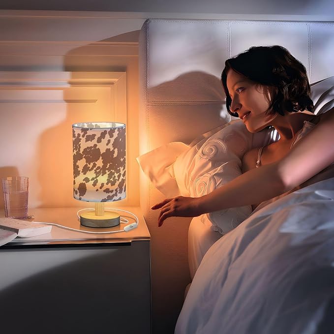 Bedside Lamp Cow Horse Print Brown Spots Table Lamp for Bedroom LED Nightstand Lamp Shade USB Ports Wood Base for Living Room Dorm Office