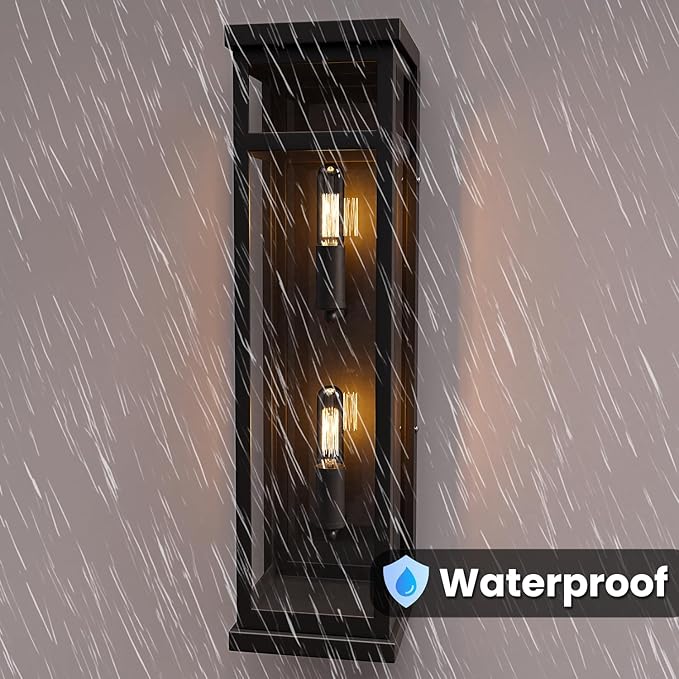 LEDMyplace Outdoor Sconce Light - 40W Rectangular Black Outdoor Wall Sconce with Clear Glass Panels - Two E12 Socket, High CRI, IP65, ETL Listed, Modern Exterior Light Fixture (22.25" H x 5.5" W)