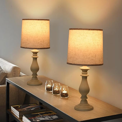 Lamps Set of 2 Vintage Rustic Farmhouse Table Lamps Bedside Reading Lamp Bedroom Nightstand Living Room Teapoy Lamp, Desk Light, 22 Inch High, White Wash, with Fabric Shade, Bulb Not Included