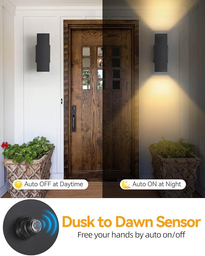 RAYVO Porch Light with Outlet Dusk to Dawn Outdoor Light Fixture Wall Mount with Matte Black Finish, Square Up and Down Lights Outdoor Sconce Aluminum Outside Lights for House Porch Garage Patio