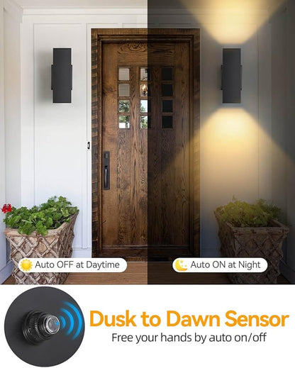 RAYVO Porch Light with Outlet Dusk to Dawn Outdoor Light Fixture Wall Mount with Matte Black Finish, Square Up and Down Lights Outdoor Sconce Aluminum Outside Lights for House Porch Garage Patio
