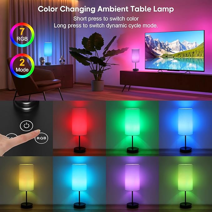 Unicozin 17Inch Table Lamp, 3 CCT 3000K/4500K/6500K & RGB Color Changing, Stepless Dimmable Bedside Lamp for Reading, Ambience Nightstand Light for Home Decor Party, White Shade