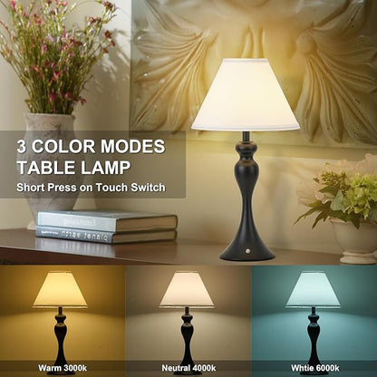 Rechargeable Cordless Table Lamps, Battery Operated Lamp with Fabric Shade for Decor, 3 Color Stepless Dimming LED Table Light, Nightstand Lamp for Nursery, Bedroom, Living Room, Home Office (Black)