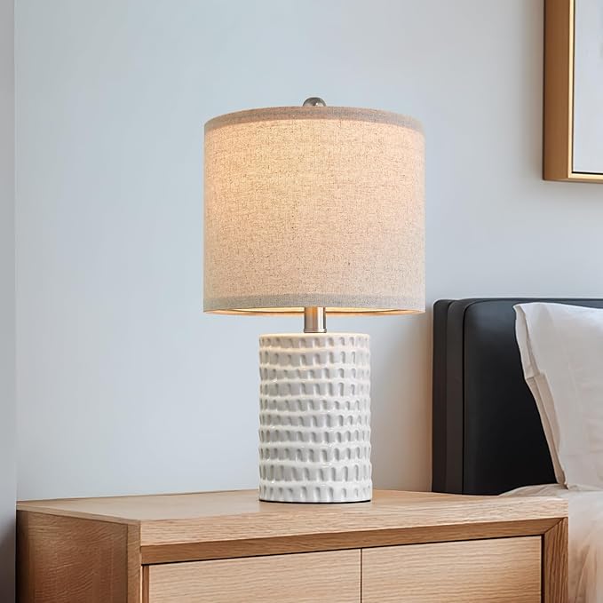 PORTRES 18.25" Modern Ceramic Table Lamps Set of 2 for Bedroom White Desk Lamps Bedside Lamps for Living Room Study Room Office Dorm Farmhouse Decor Nightstand Lamp End Small Table Lamps