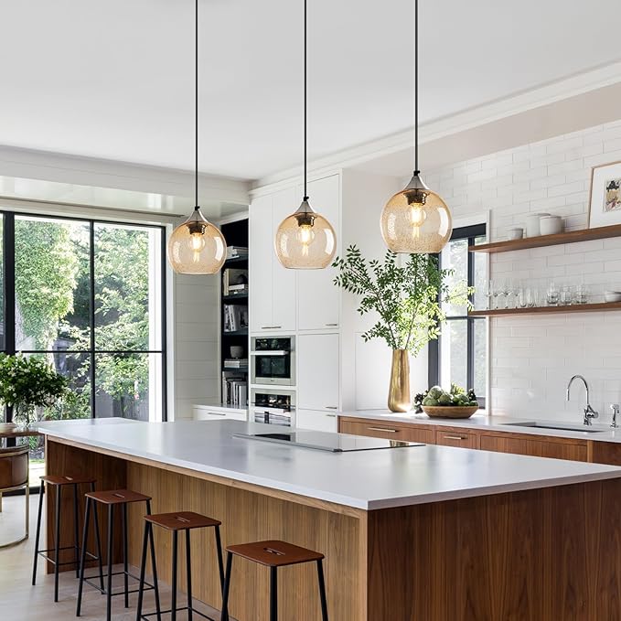 Light Brown Glass Pendant Lights Kitchen Island Globe Pendant Light Fixtures Modern Pendant Lighting for Bedroom Living Dining Room Light Fixture (5.9 in, 1 Pack)