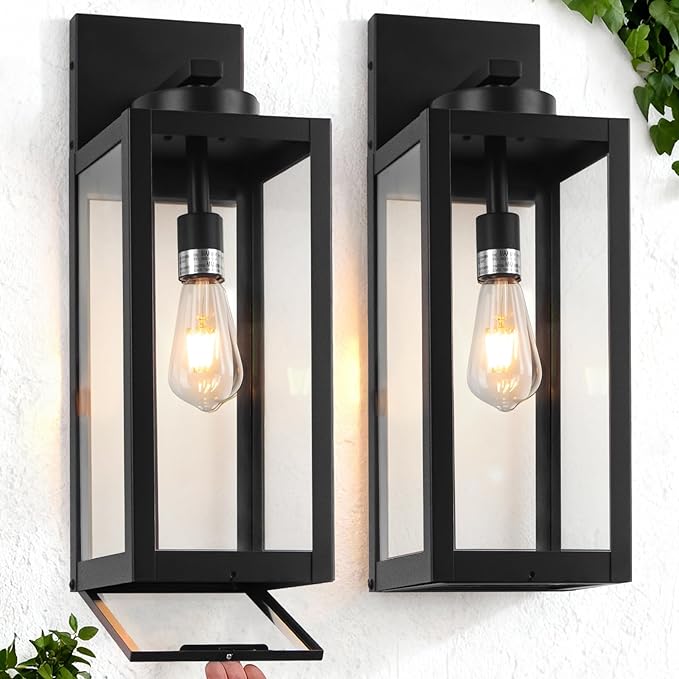 20" Large Outdoor Wall Lights with Closed Bottom - Black Outdoor Light Fixture Porch Lantern Wall Mounted, Waterproof Modern Exterior Wall Sconce Coach Lamps for House, E26, 2 Packs