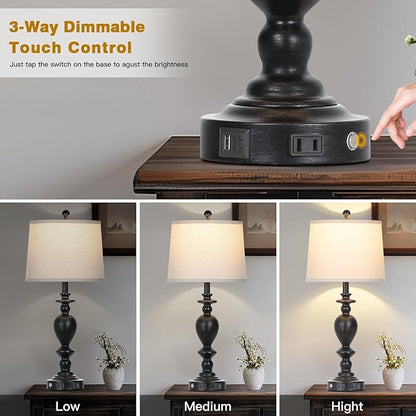 28" Tall Farmhouse Bedside Lamp Set of 2,Black Vintage Bedside Lamps with USB C+A Ports & AC Outlet,3-Way Dimmable Touch Lamp for Night Stands Living Room Bedroom,Black-2