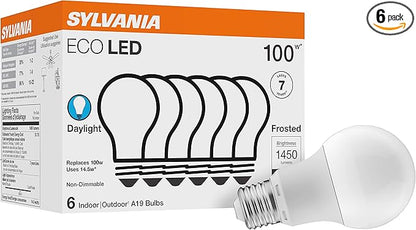 Sylvania ECO LED Light Bulb, A19, 100W Equivalent, Efficient 14.5W, 7 Year, 1450 Lumens, Frosted, 5000K, Daylight - 6 Pack (40884)