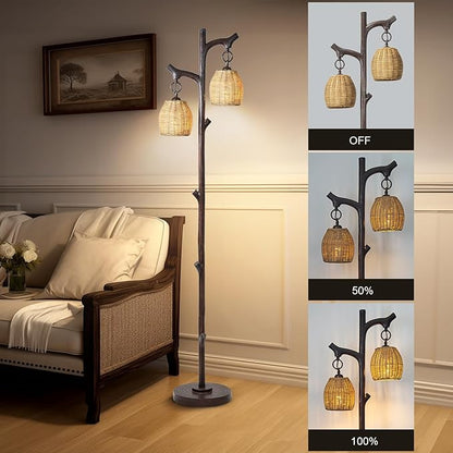 Scenekoy 68" High Farmhouse Rustic Country Cottage Floor Lamp Tree Trunk Faux Wood Column Dark Bronze Wicker Drum Shade Decor for Living Room Bedroom Reading Room