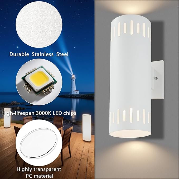 Outdoor Wall Lights Stainless Steel, 23W 3000K LED Cylinder Up Down Wall Sconces, 1300LM Warm White Light IP65 Waterproof Modern Outdoor Light Fixture for House, Garage, Porch, Doorway, White
