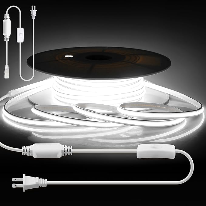 Aclorol 30M White COB LED Strip Lights Outdoor Waterproof IP68 AC 110V-120V LED Rope Lights Switch with Plug 100FT 1 Roll 8640leds/30M Uniform High Density Flexible Tape Lights for Outside 6000K