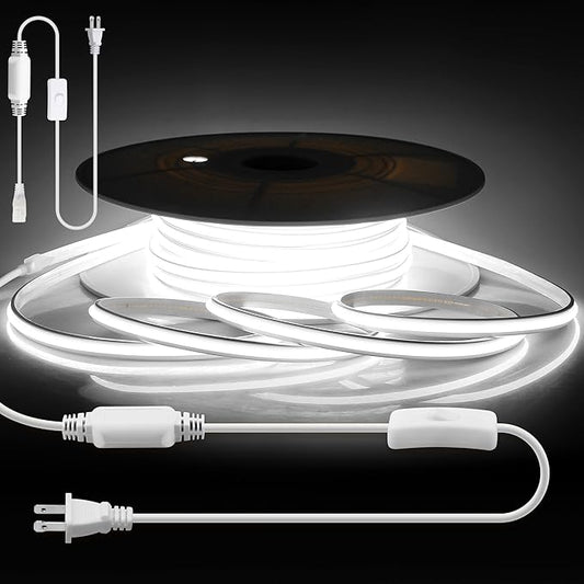 Aclorol 30M White COB LED Strip Lights Outdoor Waterproof IP68 AC 110V-120V LED Rope Lights Switch with Plug 100FT 1 Roll 8640leds/30M Uniform High Density Flexible Tape Lights for Outside 6000K