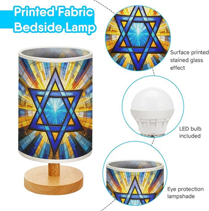 Star of David Table Lamp LED 3-Color Pressed Bedside, Star of David Shade Lamp with Wood Base for Bedroom Living Room Desk Office TL01