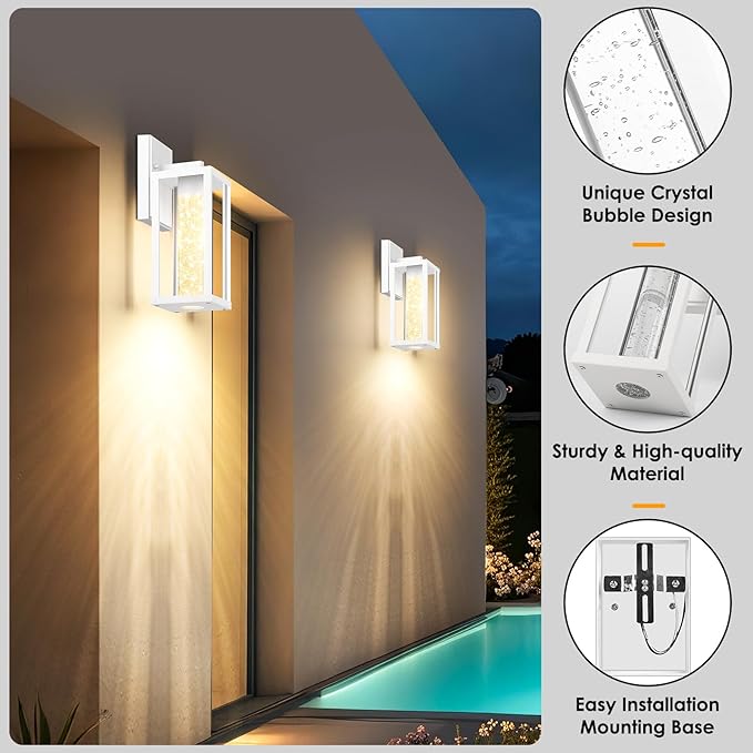 2-Pack Outdoor Wall Light Fixture, Exterior Waterproof Wall Lantern Sconce with Crystal Bubble Glass, Anti-Rust Modern POutside Lighting for Porch, House, Patio, Garage, Entryway