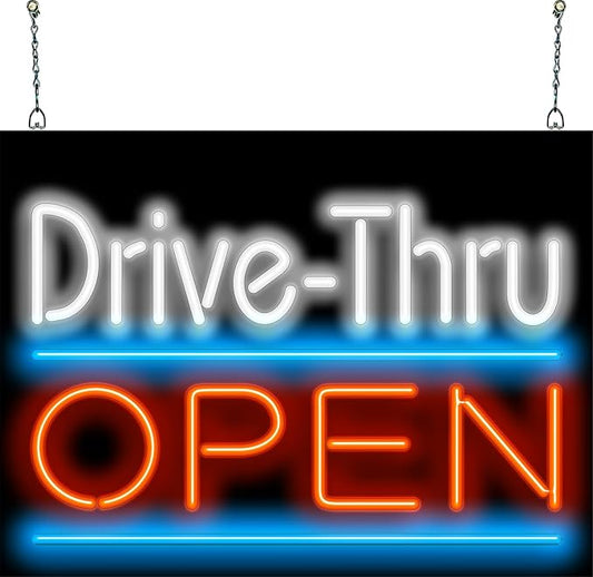 FGM-25-02 - Drive-Thru Open Neon Sign - Compact Size - 24" wide x 18" high - Real, Quality Hand Bent Neon Sign - White & Red Letters with Blue Underlines